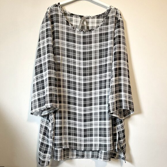 Sheer B&W Classic Plaid High Low Blouse - Picture 1 of 12